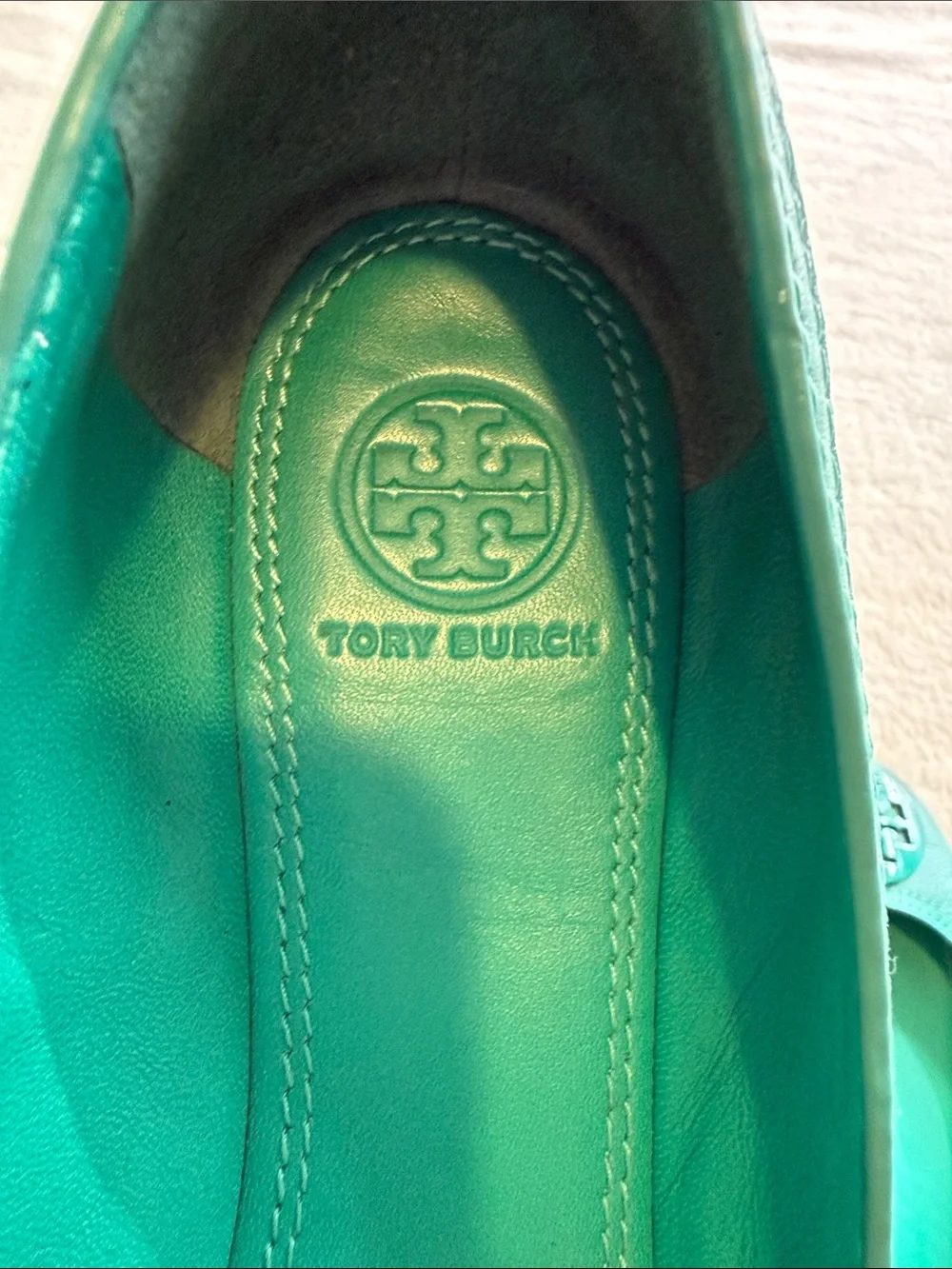 Tory Burch Turquoise Teal Leather Logo Ballet Flats Size 8